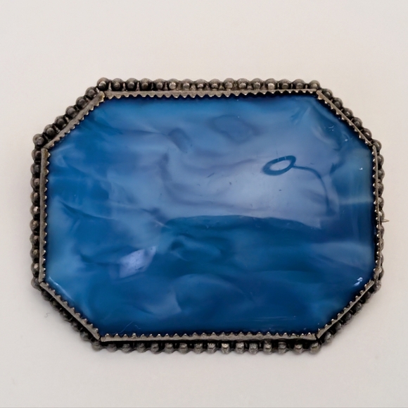 Vintage Marbled Blue Art Glass Cabochon Brooch Simple Silver Tone Setting Czech? - Picture 2 of 13